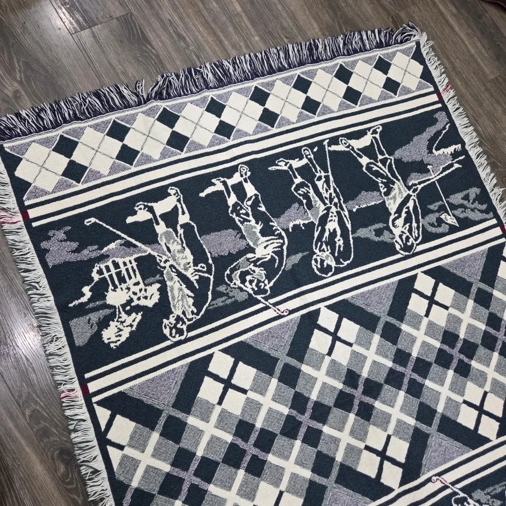Vintage Golf Tapestry Throw Blanket Argyle Woven‎ Fringe Excellent Country Club